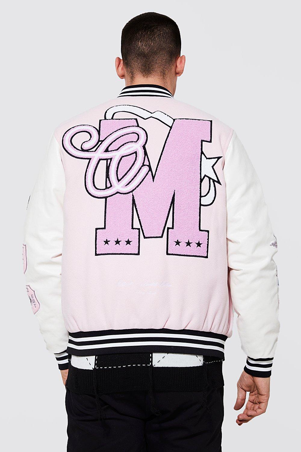 boohoo varsity jacket pink